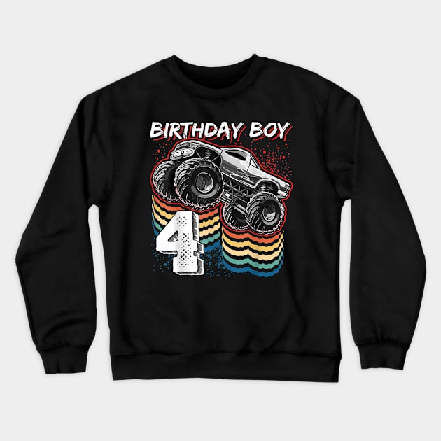 Birthday Boy 4 Monster Truck 4th Birthday Retro Vintage Gift Crewneck Sweatshirt by elmiragokoryan